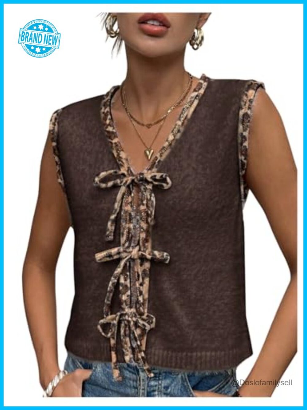 Sleeveless Bow Tie Front Sweater Vest Leopard Print Soft Knit Cardigan